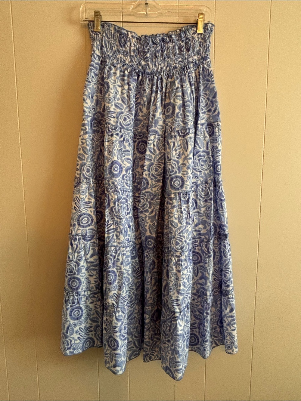 Blue Floral Tiered Maxi Skirt with Smocked Waist